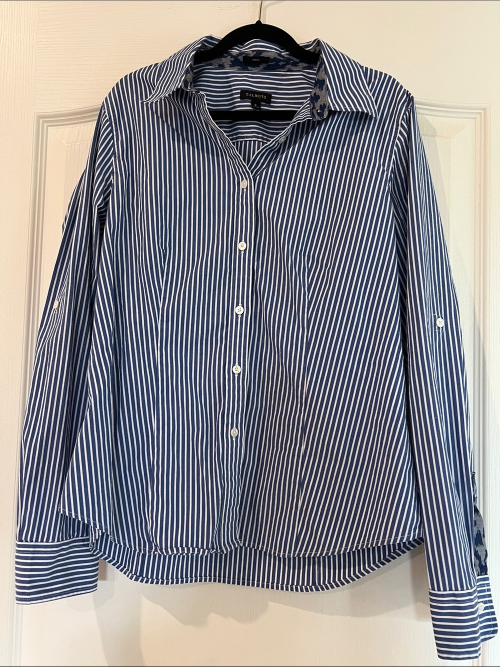 Talbots Navy and White Vertical Stripe Button-Down Shirt